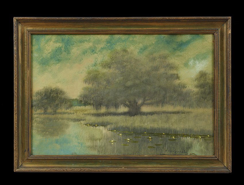 Alexander J. Drysdale (US/New Orleans, 1870-1934): Alexander John Drysdale (American/New Orleans, 1870-1934), "Water Lilies at Dusk", oil on board, signed lower right, 20" x 30". Glazed and framed.