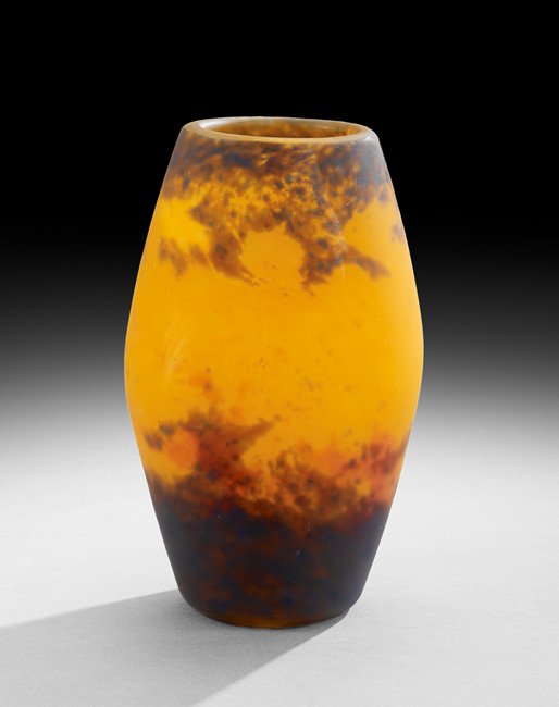 Muller Freres Pate de Verre Art Glass Vase: Muller Freres Pate de Verre Art Glass Vase, second quarter 20th century, the flame-colored Art Deco vase signed "Muller Freres, Luneville", h. 9-1/4", dia. 5".