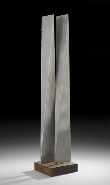 Arthur Silverman (American/New Orleans, b. 1923): Arthur Silverman (American/New Orleans, b. 1923), "Untitled", stainless steel, on a carved wood base, h. 38", w. 8", d. 8".