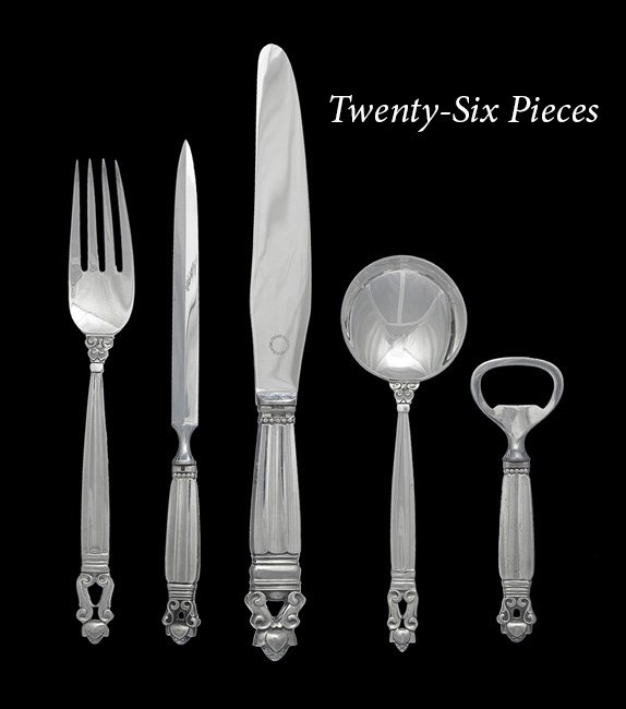 26-Piece Set of Jensen "Acorn" Silver Flatware: Twenty-Six-Piece Set of Georg Jensen "Acorn" Sterling Silver Flatware, the pattern designed in 1915 by Johan Rohde (1856-1935), Copenhagen, most pieces with the post-1945 Jensen mark but some earlier,