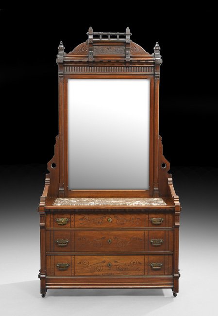 American Aesthetic Walnut Two-Piece Bedroom Suite: American Aesthetic Movement Walnut Two-Piece Bedroom Suite in the Modern Gothic Taste, ca. 1876, comprised of a bed and a dressing bureau, the dresser base with an inset marble top, each employing sim