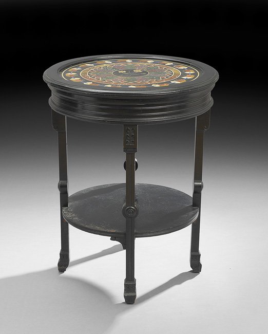 American Aesthetic Specimen Marble-Top Table: American Aesthetic Movement Ebonized, Porphyry and Specimen Marble-Top Occasional Table, fourth quarter 19th century, the top with a central pietra dura panel depicting a pair of blooms, leaves and st