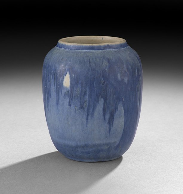 Newcomb College Art Pottery Matte-Glaze Vase: Newcomb College Art Pottery Matte-Glaze Vase, ca. 1938, decorated by Henrietta Davidson Bailey (1874-1950), of "Moon and Moss" motif, with blue and green underglaze, the base marked with the Newcomb c