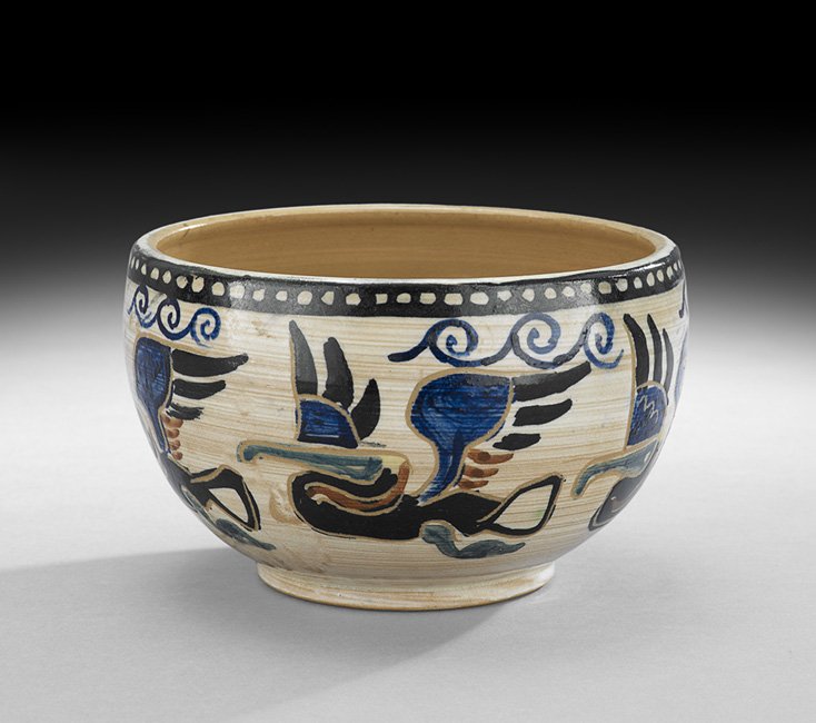 Shearwater Pottery "Pelican" Bowl: Shearwater Pottery "Pelican" Bowl, second quarter 20th century, thrown by Peter Anderson and decorated by Walter Anderson, the bowl depicting a line of pelicans under stylized clouds, marked with a Sh