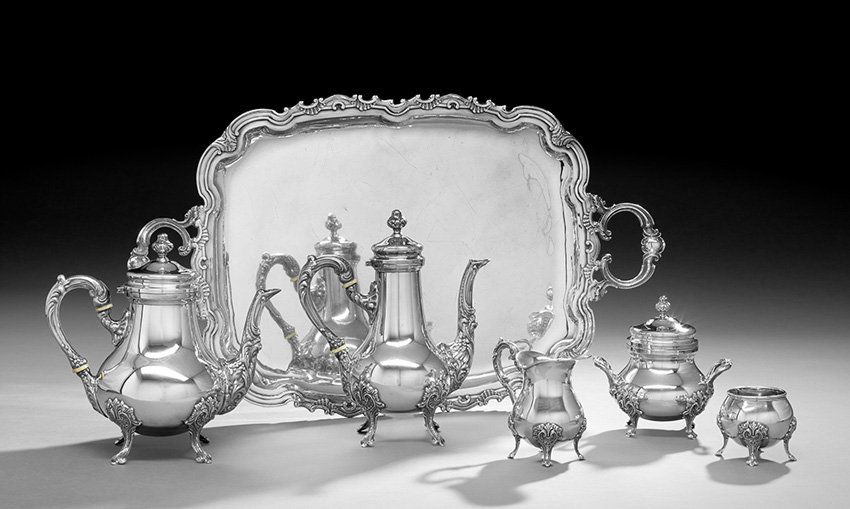 6-Pc. Peruvian Sterling Silver Coffee and Tea Set: Six-Piece Peruvian Sterling Silver Coffee and Tea Set, mid-20th century, Sociedad Industrial de Articulos de Metal (Mario Canepa y Cia), Lima, comprising a coffeepot, teapot, covered sugar bowl, cream