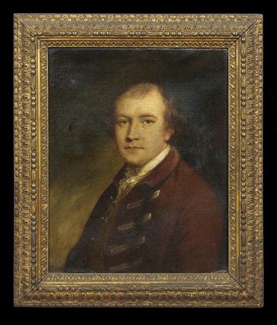 British School (First Quarter 19th Century): British School (First Quarter 19th Century), "Portrait of a Gentleman", oil on canvas, illegible inscription en verso canvas, a "W. Baker (the Removers) Ltd./Plymouth" label en verso frame, 26-1/4" x