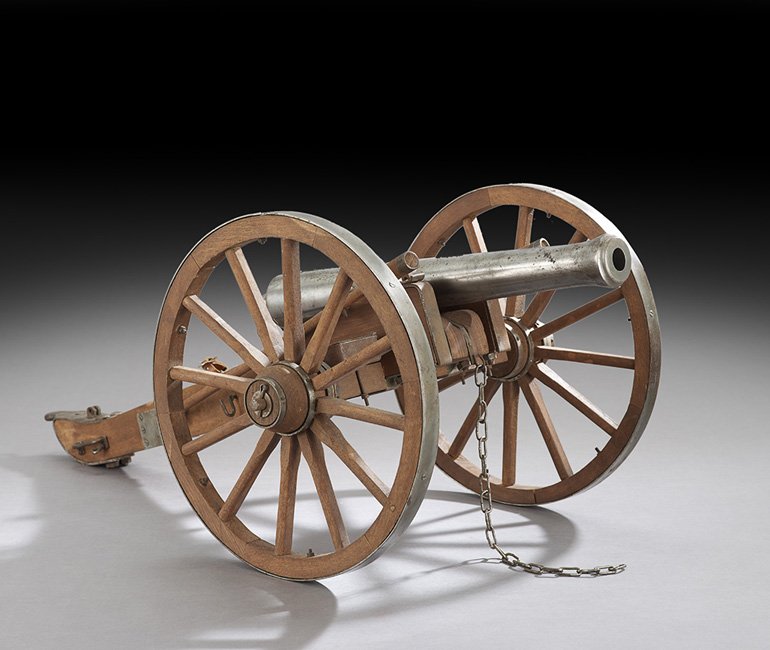 Spanish Steel and Wood Black Powder Signal Cannon: Spanish Steel and Wood Black Powder Signal Cannon, second quarter 20th century, the Napoleonic-style cannon complete with ram rods, wooden carriage and steel-rimmed wooden wheels, the steel barrel mar