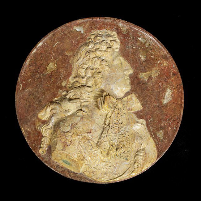 French Plaster Rondel Depicting Louis XVI: French Plaster Rondel Depicting Louis XVI, ca. 1890's, now painted in faux-marbre to resemble sienna marble on marbre rouge, marked with an inset plaster tag for Musee de Sculpture at the Palais du Tr