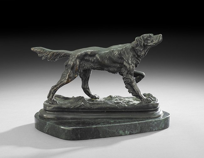 French Bronze of "Chien de Chasse",: French Bronze of "Chien de Chasse", ca. 1900, after Jules Moigniez (French, 1835-1894), cast signature on self-base, on a teardrop-shaped green marble base, overall, h. 8-1/2", w. 12", d. 9".