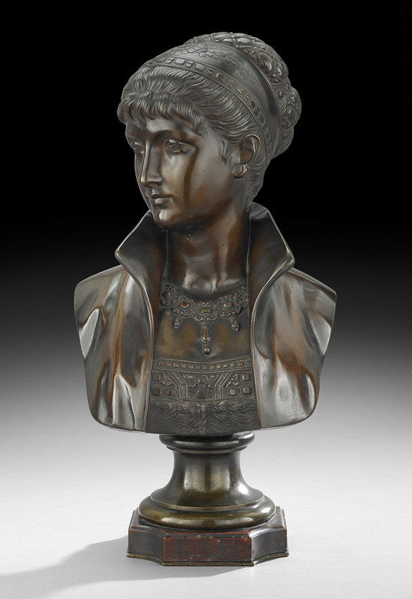 Cesar Constantino Ceribelli (French, 1841-1918): Cesar Constantino Ceribelli (French, 1841-1918), "Bust of an Elegant Maiden", patinated bronze, cast signature, on a rouge marble base, h. 22", w. 12", d. 7".