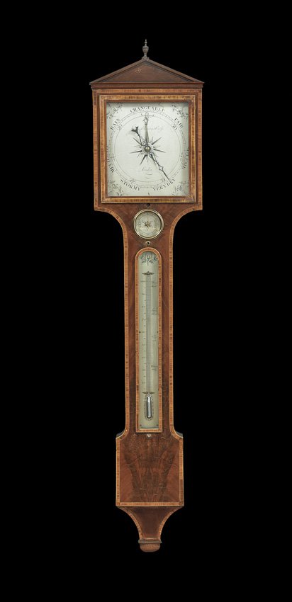 William IV Mahogany Barometer By Thomas Jones: Good William IV Mahogany Barometer Made By Thomas Jones, London, second quarter 19th century, the unusual case veneered with figured mahogany and crossbanded with rosewood, the dial signed "Jones Char