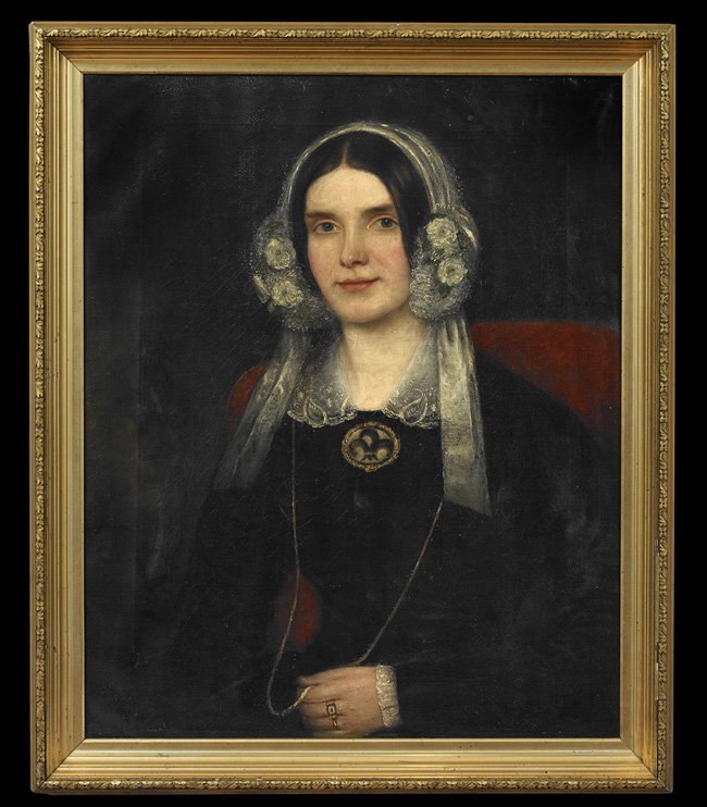 British School (2nd or 3rd Quarter 19th Century): British School (Second or Third Quarter 19th Century), "Portrait of a Lady", oil on canvas, unsigned, a "Charles Roberson/London" stamp en verso canvas, 30" x 24". In an antique frame.