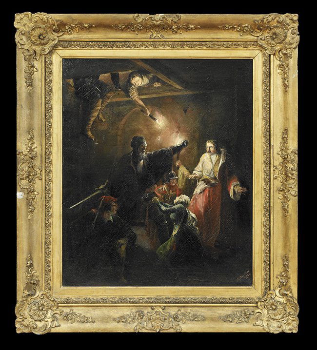 British School (Second Quarter 19th Century): British School (Second Quarter 19th Century), "The Seizure of Roger De Mortimer", oil on canvas, signed and dated lower right "J. Smith 1844", 30" x 25". Presented in a period giltwood and gesso frame