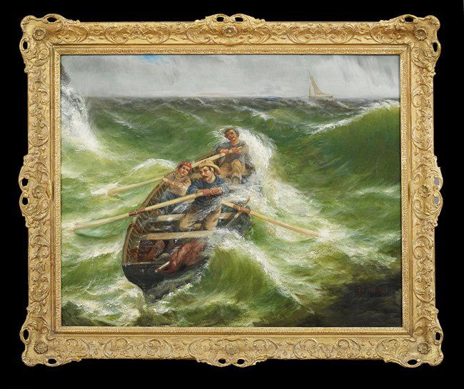 British School (Fourth Quarter 19th Century): British School (Fourth Quarter 19th Century), "Men in a Boat on a Stormy Sea", oil on canvas,signed and dated lower right "J. S. Fox, 1882", 32" x 40". Presented in a giltwood frame.