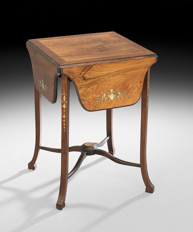 Edwardian Rosewood Handkerchief Table: Edwardian Rosewood Handkerchief Table, ca. 1900, the square top with four shaped drop leaves supported by a spring-action mechanism, the top with decorative bone inlays in scrolling foliate patterns, 