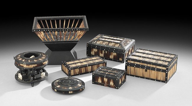 Seven Ceylonese Quillwork Articles: Seven-Piece Collection of Ceylonese Quillwork Articles, including an open-sided sewing basket, late 19th century, w. 10-1/4", two boxes with hinged covers, early 20th century, the largest, w. 8-1/4", 