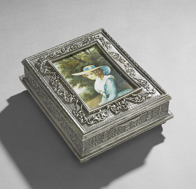 Silverplate Jewelry Box with Portrait Miniature: Continental Silverplate Jewelry Casket with Portrait Miniature, first quarter 20th century, of rectangular form with laurel-enframed acanthus and palmette banding, the hinged lid inset with a glazed p