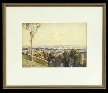 Benjamin Edwards Minns (British, 1864-1937): Benjamin Edwards Minns (British, 1864-1937), "Overlooking Sydney", watercolor on paper, signed lower left "B. E. Minns", sight 9-3/4" x 14". Glazed, matted and framed.