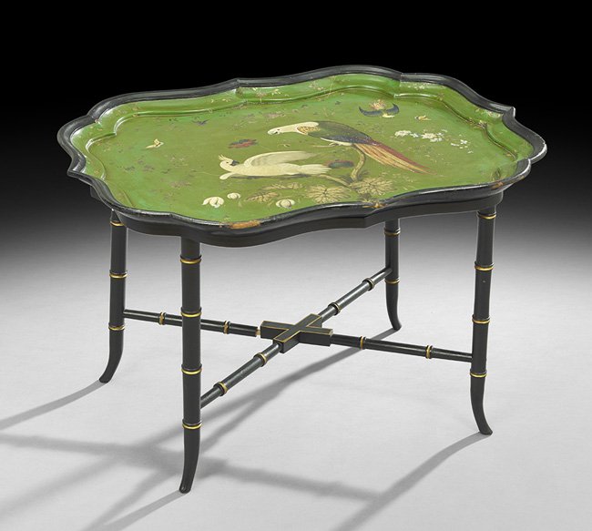 English Papier-Mache Tray on a Custom-Made Stand: English Papier-Mache Tray on a Custom-Made Stand, second quarter 19th century, the unusual tray decorated with tropical birds and butterflies on a green ground, resting on a contemporary bamboo-turned
