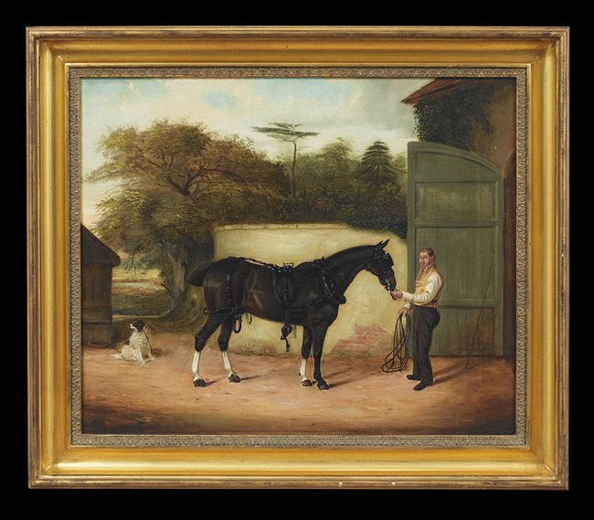 British School (Second Quarter 19th Century): British School (Second Quarter 19th Century), "In the Stable-Yard", 1842, oil on canvas, signed "G. Gregory" and dated lower right, 25" x 30". Framed.