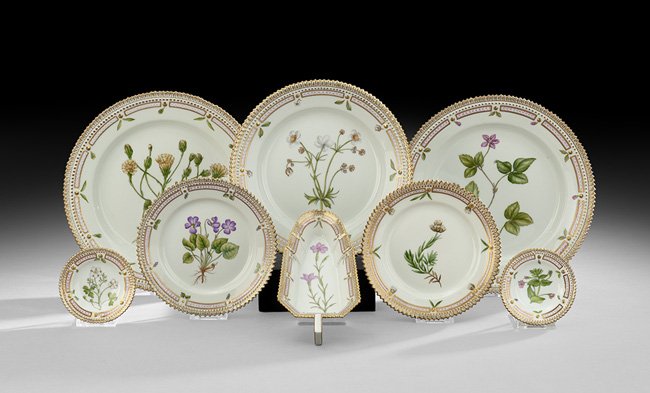 Eight Pieces of Royal Copenhagen Flora Danica: Eight-Piece Collection of Royal Copenhagen Flora Danica Porcelain Dinnerware, Danish, including a dinner plate, ca. 1969-1974, decorated with "Hieracium umbellatum L.", dia. 8-3/4", a plate, ca. 1954,