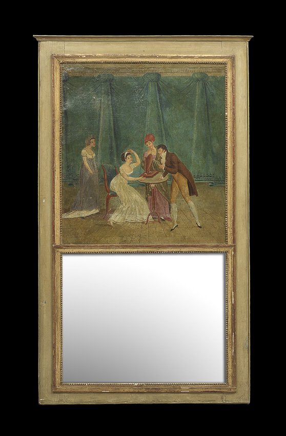 French Painted Trumeau Mirror: French Painted Trumeau Mirror, fourth quarter 19th century, in the Louis XVI style, the genre painting depicting a lady at her dressing stand with attendants at hand, h. 57-3/4", w. 34".