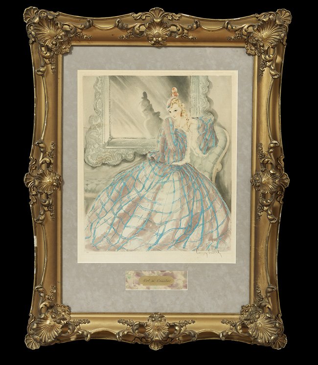 Louis Icart (French, 1880-1950): Louis Icart (French, 1880-1950), "Girl in Crinoline", etching with aquatint, signed in pencil lower right, pencil-marked "G.4" and with blind stamp lower left, copyrighted and dated in plate upper lef