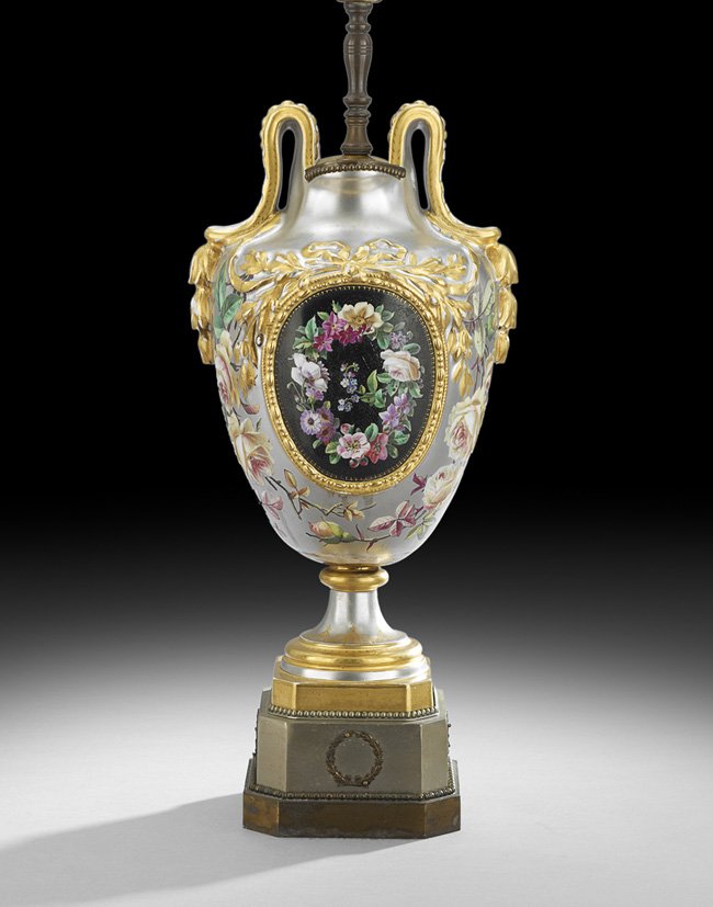 Paris Porcelain Platinum-Ground Garniture Urn: Paris Porcelain Platinum-Ground Garniture Urn, third quarter 19th century, now mounted as a lamp, the Louis XV-style urn decorated with a black-ground reserve panel on the obverse and luminous yellow 