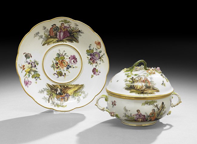 Meissen-Style Covered Ecuelle and Undertray: Meissen-Style Covered Ecuelle and Undertray, fourth quarter 19th century, Meyer and Son, Dresden, decorated with hand-painted flowers and couples in 18th-century costume, with applied flowers on the h