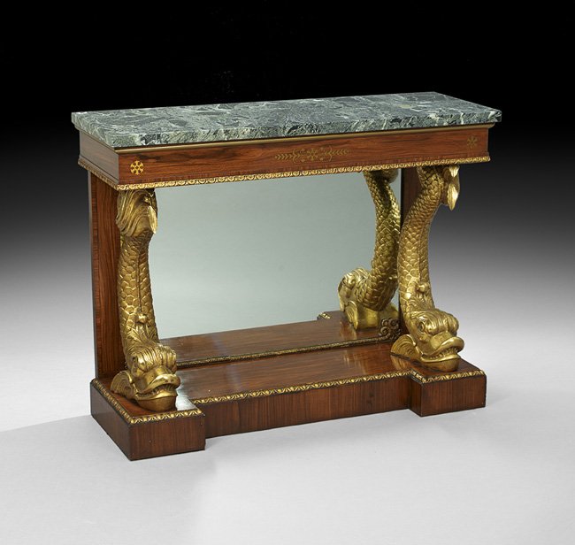 Empire-Style Walnut and Marble-Top Side Table: Empire-Style Walnut and Marble-Top Side Table, late 19th century, the rectangular verde antico marble top above a conforming brass-inlaid frieze, joined by a mirrored back and gilt dolphin uprights to