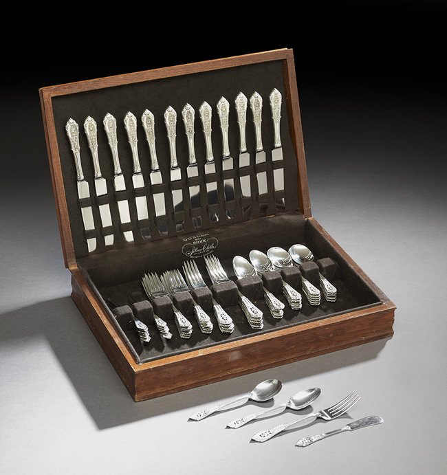 73 Pieces of "Rose Point" Silver Flatware: Seventy-Three-Piece Set of Wallace "Rose Point" Sterling Silver Flatware, the pattern designed in 1934 by William S. Warren (1888-1965), comprising twelve six-piece place settings and one additional t