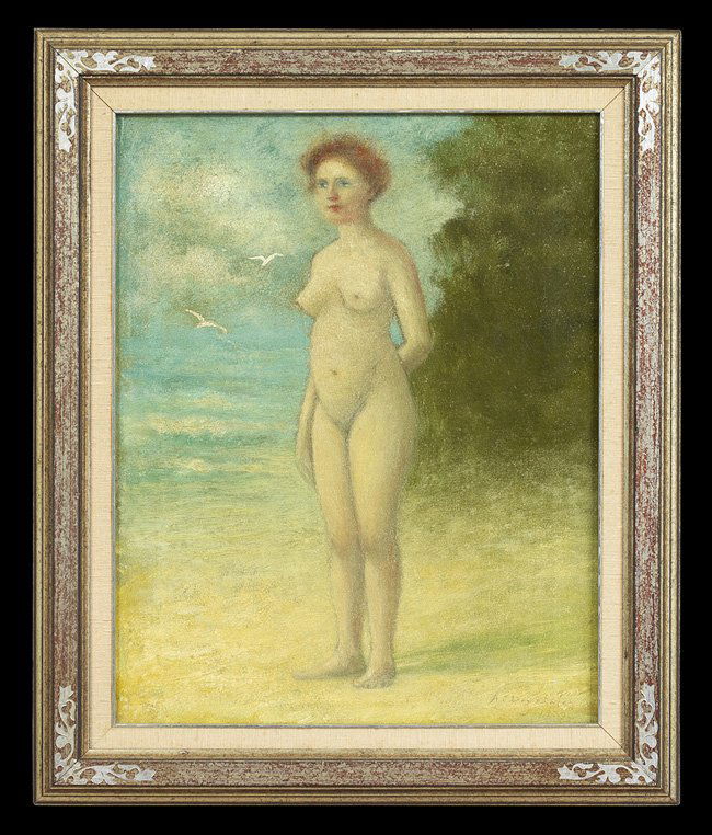 Alexander J. Drysdale (US/New Orleans, 1870-1934): Alexander John Drysdale (American/Louisiana, 1870-1934), "The Bather, On the Lake Shore", 1922, oil wash on canvas, signed and dated lower right, titled en verso stretcher, also inscribed with the art