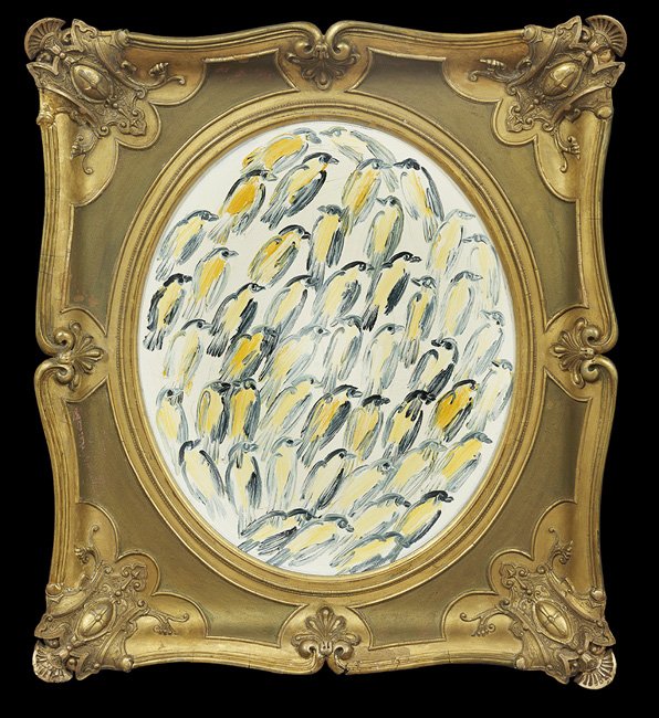 Hunt Slonem (American, b. 1951): Hunt Slonem (American, b. 1951), "Green Singers", 2004, oil on board, signed, dated and titled en verso, sight 23-1/2" x 19". Presented in an antique giltwood and gesso frame.