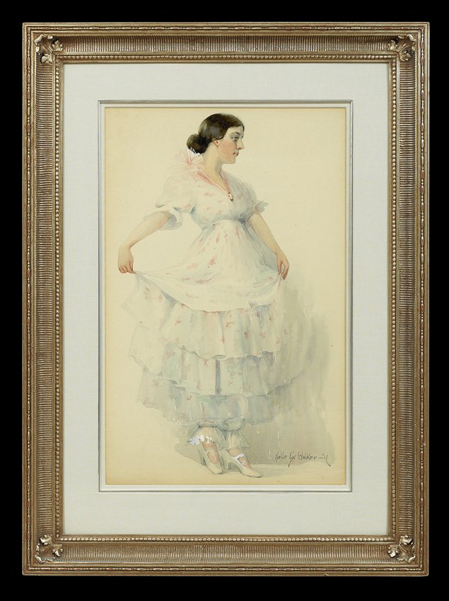 Nell Walker Warner (American, 1891-1970): Nell Walker Warner (American, 1891-1970), "The Sprigged Muslin Dress", 1916, watercolor on paper, signed and dated lower right, 28" x 17-3/4". Matted, glazed and framed.