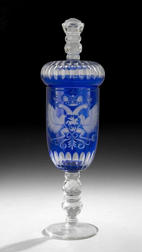 Cut and Engraved Cobalt Cased Glass Pokal: Cut and Engraved Cobalt Cased Glass Pokal, probably Czechoslovakian, the baluster-cut base holding the cup, decorated with the arms of Russia, h. 20-1/2", dia. 6".
