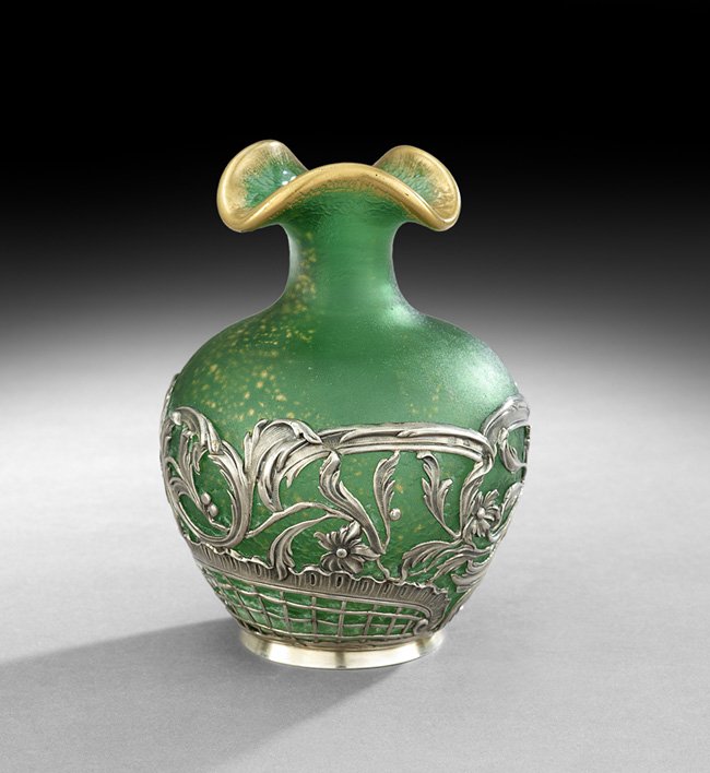 French Sterling Silver-Clad Art Glass Vase: French Sterling Silver-Clad Art Glass Vase, ca. 1900, possibly Daum, the Art Nouveau silver exterior with a partially illegible mark, the glass in a matte finish and trimmed in gilt, h. 5-1/4", dia. 3