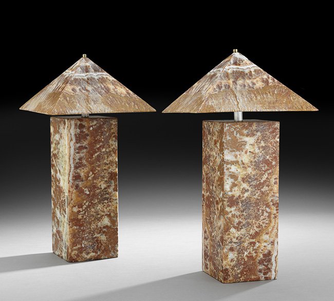 Pair of Contemporary Alabaster Lamps: Pair of Contemporary Alabaster Lamps, fourth quarter 20th century, with pyramidal-form alabaster shades, each lamp with double sockets lighting the base interior, h. 23", w. 12".