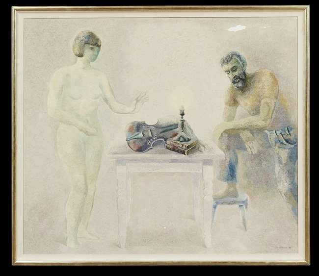Lev Meshberg (Ukrainian/New York, 1933-2007): Lev Meshberg (Ukrainian/New York, 1933-2007), "Artist and His Muse", oil on canvas, signed, titled and dated en verso stretcher, 51" x 59". Framed.