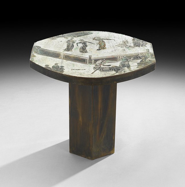 Philip and Kelvin LaVerne "Chan" Side Table: Philip and Kelvin LaVerne ( American, 1907-1987 and b.1937), "Chan" Side Table, 1960's, the acid-etched and patinated bronze and pewter abbreviated oval top raised on a hexagonal bronze-sheathed base,