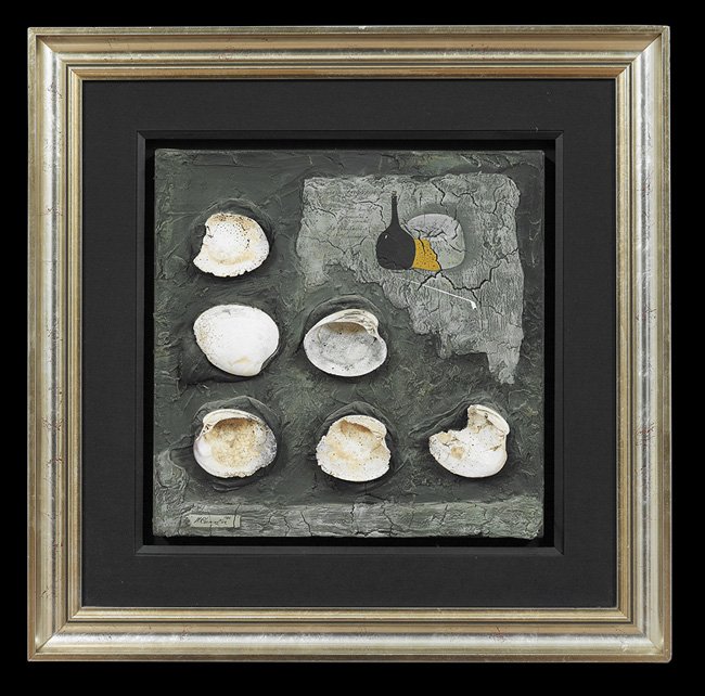 Mihail Chemiakin (Russian/American, b. 1943): Mihail Chemiakin (Russian/American, b. 1943), "Still Life with Oyster Shells", 1986, mixed media on canvas, signed and dated middle right and lower left, verso with a "China Basin Designs" label, 18" 