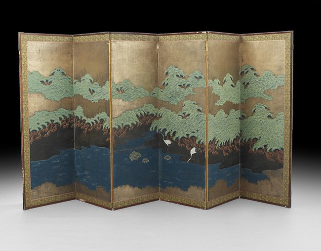 Japanese Six-Fold Screen: Japanese Six-Fold Screen, Kano School (16th-19th century), late Edo period (1615-1868), the screen depicting a pair of cranes along a river bank, composed of mineral pigments on gold leaf on paper, h.
