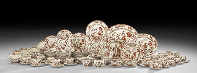 Spode "Indian Tree" Earthenware Dinner Service: Extensive Assembled Spode "Indian Tree" Earthenware Dinner Service, 20th century, English, hand-painted on a transfer-printed ground, with various dates and marks, including twelve dinner plates, dia.