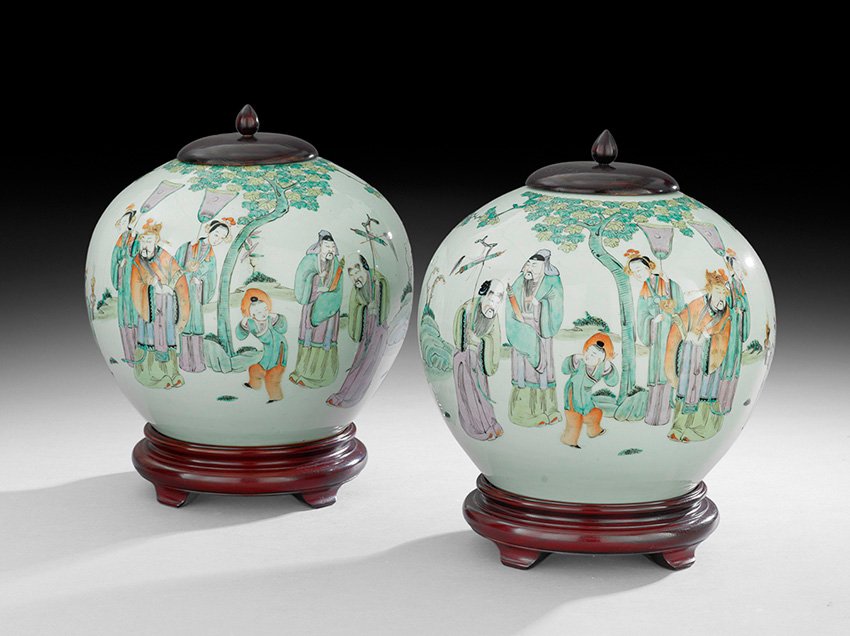 Pair of Chinese Porcelain Ginger Jars: Pair of Chinese Porcelain Ginger Jars, 20th century, the rounded jars displayed on wooden stands, h. 11", w. 9", without stands.