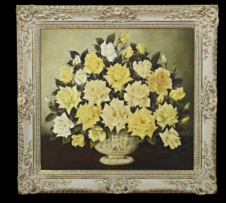 Evelyn M. Baxter (Australian, 1925-1979): Evelyn M. Baxter (Australian, 1925-1979), "Yellow Roses", oil on board, signed lower right, 24" x 26". Attractively framed.