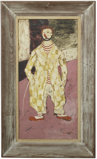 Charles Levier (French, 1920-2003): Charles Levier (French, 1920-2003), "Clown in a Yellow Jacket", oil on board, signed lower right, 30" x 15". Framed.
