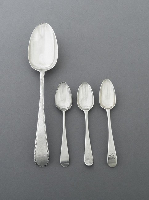 Four Hester Bateman Sterling Silver Spoons: Four George III Hester Bateman Sterling Silver Spoons, hallmarked London, including a 1778-1779 "Old English Feather-Edge" tablespoon, l. 8-1/2", a 1787-1788 "Old English" teaspoon, monogrammed "HS",