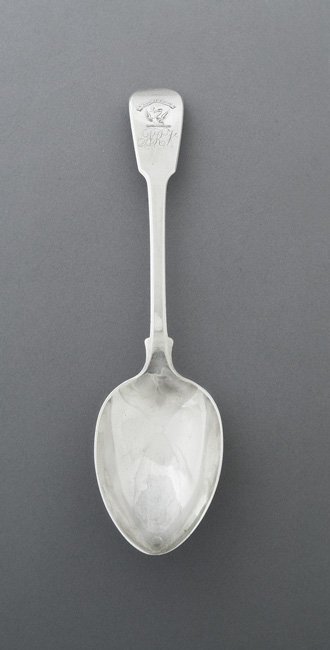 Paul Storr Regency Sterling Silver Tablespoon: Paul Storr (1771-1844) Regency Sterling Silver Tablespoon, hallmarked London, 1813-1814, in the traditional "Fiddle" pattern, engraved with the crest (a demi-stork, wings expanded, in the beak a cross