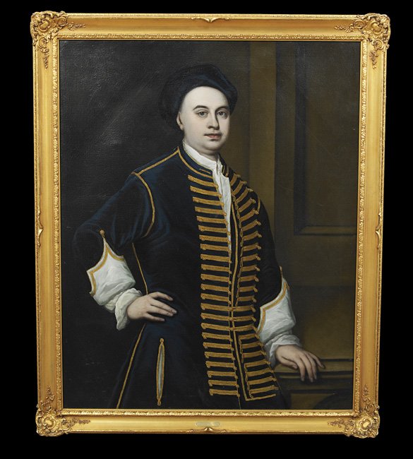 British School (First Quarter 18th Century): British School (First Quarter 18th Century), "Portrait of a Gentleman in a Blue Coat", oil on canvas, unsigned, 50-1/2" x 40-1/2". Framed.