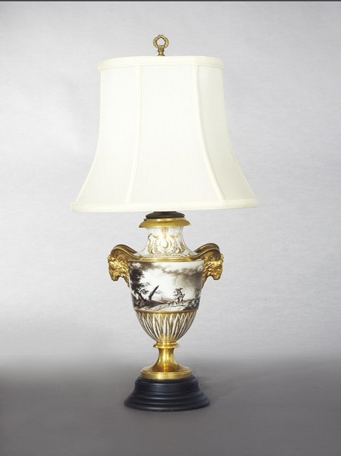 Paris Porcelain Garniture Urn: Paris Porcelain Garniture Urn, ca. 1800, decorated en grisaille with figures in a stormy landscape, now mounted as a lamp, base, h. 12", overall, h. 24".