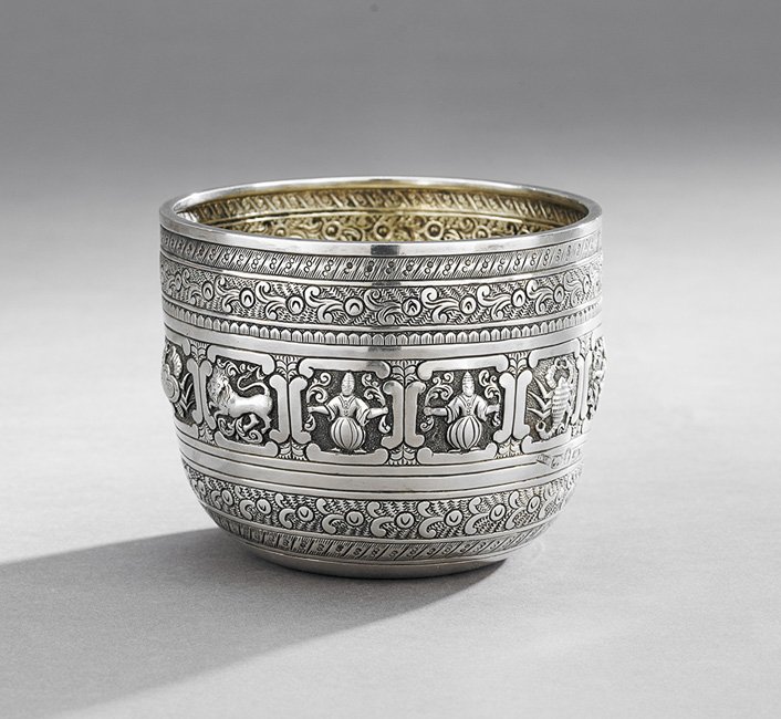 Good Indian Colonial Sterling Silver Bowl: Good Indian Colonial Sterling Silver Bowl, fourth quarter 19th century, by Hamilton & Co., Calcutta, of cylindrical form with rounded bottom, decorated with a wide band of repousse panels depicting si